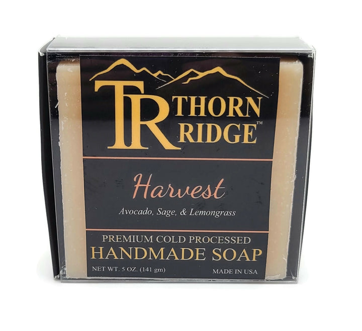 Packaging of Thorn Ridge soap labeled "Harvest," described as avocado, sage, lemongrass, premium cold processed, handmade, 5 oz. Made in USA.