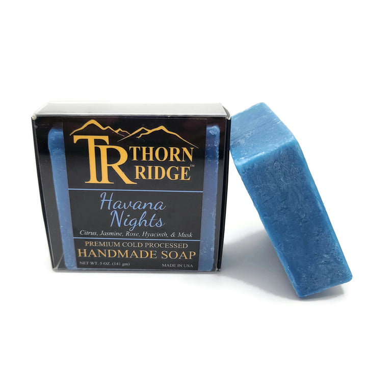 Packaging of Thorn Ridge soap labeled "Havana Nights," described as citrus, jasmine, rose, hyacinth, musk, premium cold processed, handmade, 5 oz. Made in USA.