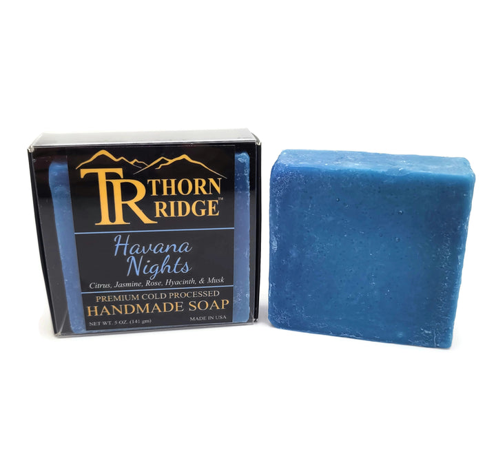 Packaging of Thorn Ridge soap labeled "Havana Nights," described as citrus, jasmine, rose, hyacinth, musk, premium cold processed, handmade, 5 oz. Made in USA.