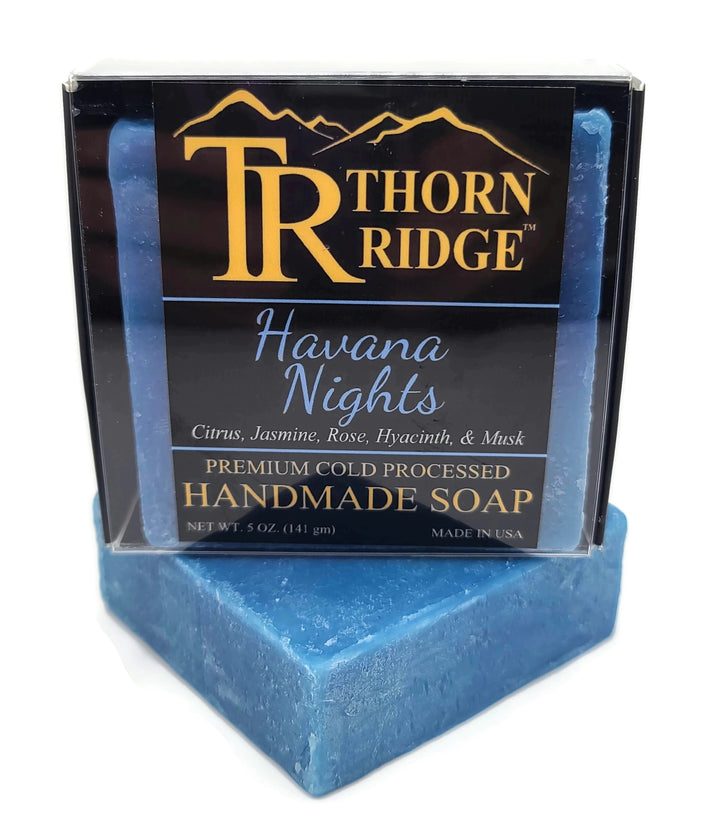 Packaging of Thorn Ridge soap labeled "Havana Nights," described as citrus, jasmine, rose, hyacinth, musk, premium cold processed, handmade, 5 oz. Made in USA.