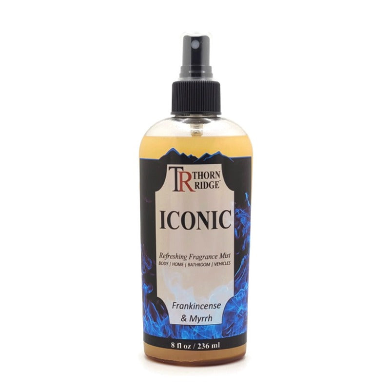 A bottle of Thorn Ridge fragrance mist labeled "Iconic," described as a frankincense and myrrh scent for body, home, bathroom, and vehicles. 8 fl oz.