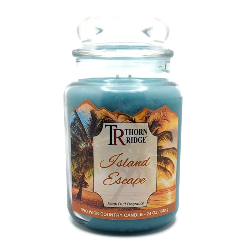 Thorn Ridge country candle labeled "Island Escape," described as a fruity and floral fragrance, 2 Wick, 24 oz.