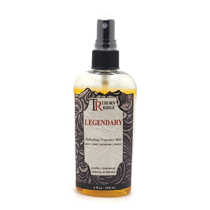 A bottle of Thorn Ridge fragrance mist labeled "Legendary," described as a leather, cedarwood, oakmoss and whiskey scent for body, home, bathroom, and vehicles. 4 fl oz.