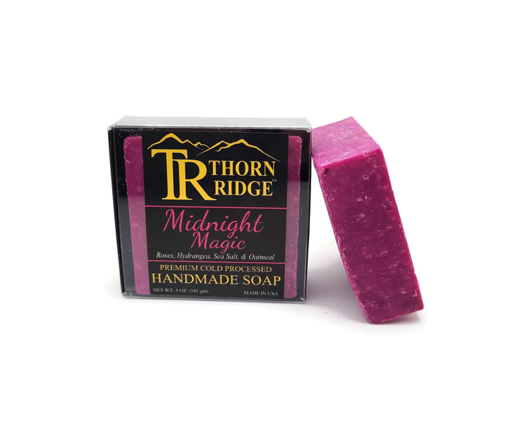 Packaging of Thorn Ridge soap labeled "Midnight Magic," described as roses, hydrangea, sea salt, oatmeal, premium cold processed, handmade, 5 oz. Made in USA.