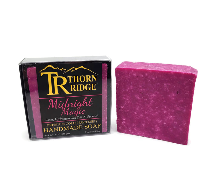 Packaging of Thorn Ridge soap labeled "Midnight Magic," described as roses, hydrangea, sea salt, oatmeal, premium cold processed, handmade, 5 oz. Made in USA.