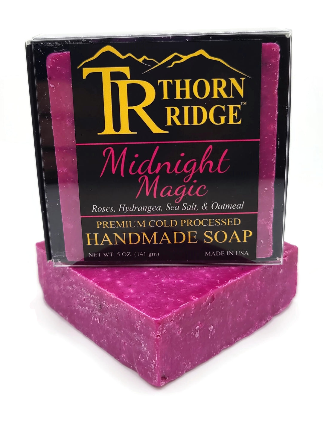 Packaging of Thorn Ridge soap labeled "Midnight Magic," described as roses, hydrangea, sea salt, oatmeal, premium cold processed, handmade, 5 oz. Made in USA.