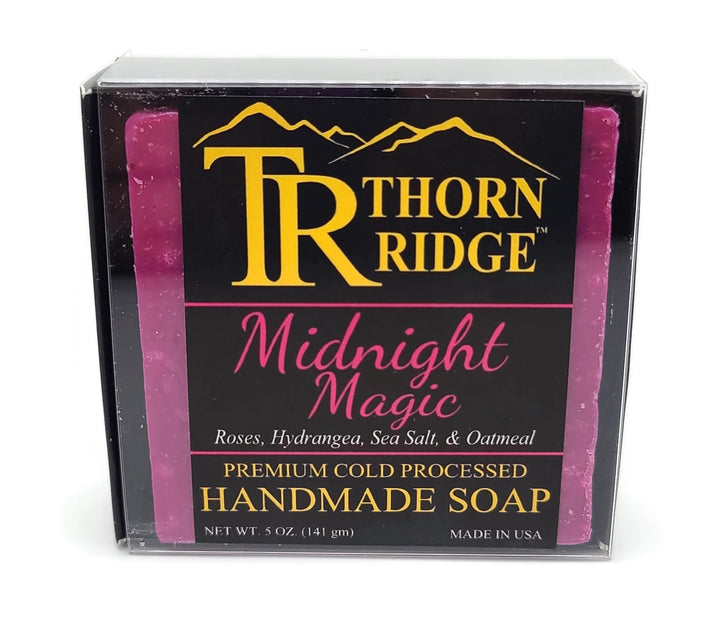 Packaging of Thorn Ridge soap labeled "Midnight Magic," described as roses, hydrangea, sea salt, oatmeal, premium cold processed, handmade, 5 oz. Made in USA.