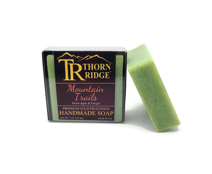 Packaging of Thorn Ridge soap labeled "Mountain Trails," described as green apple and vinegar, premium cold processed, handmade, 5 oz. Made in USA.