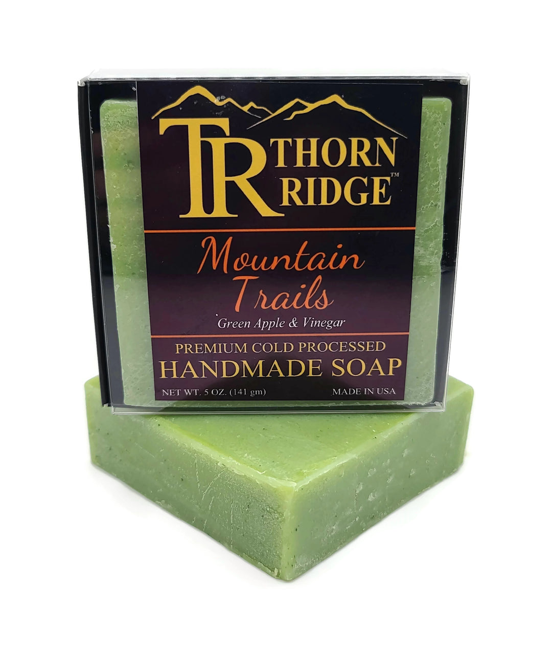 Packaging of Thorn Ridge soap labeled "Mountain Trails," described as green apple and vinegar, premium cold processed, handmade, 5 oz. Made in USA.