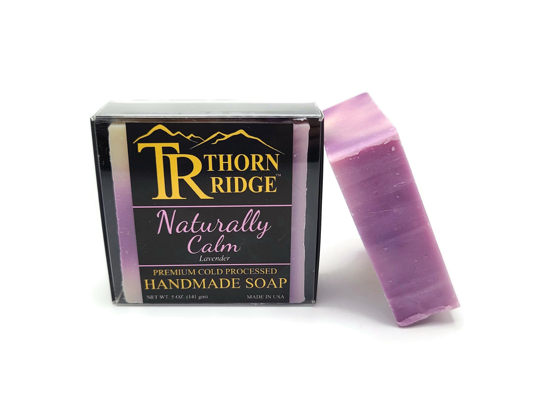 Packaging of Thorn Ridge soap labeled "Naturally Calm," described as lavender, premium cold processed, handmade, 5 oz. Made in USA.