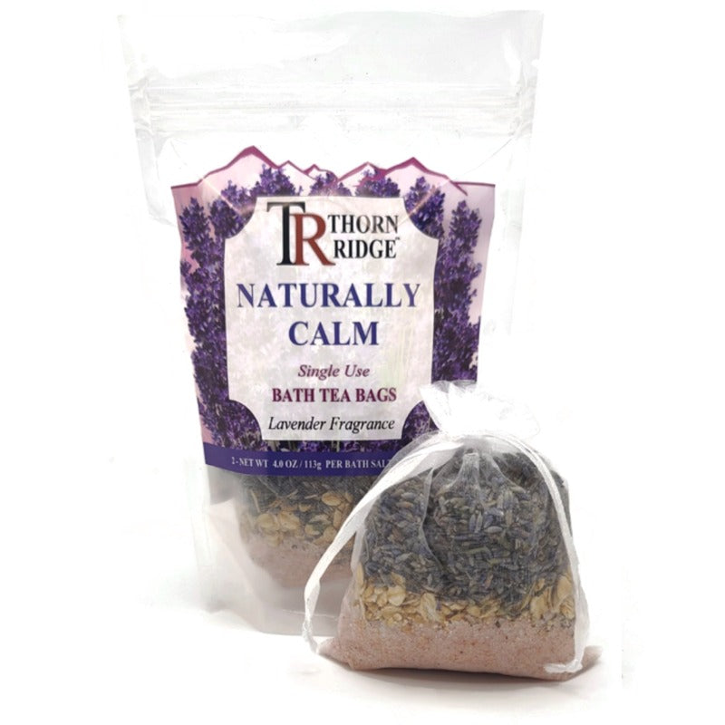 A bag of Thorn Ridge single use bath tea bag soaks labeled "Naturally Calm," described as a lavender fragrance. 4.0 oz per bath tea. 2 pack. 8 oz total.