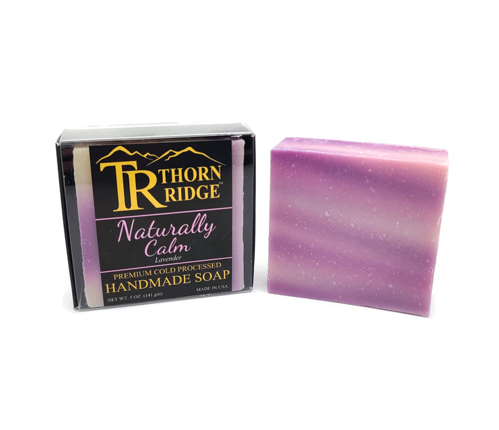 Packaging of Thorn Ridge soap labeled "Naturally Calm," described as lavender, premium cold processed, handmade, 5 oz. Made in USA.