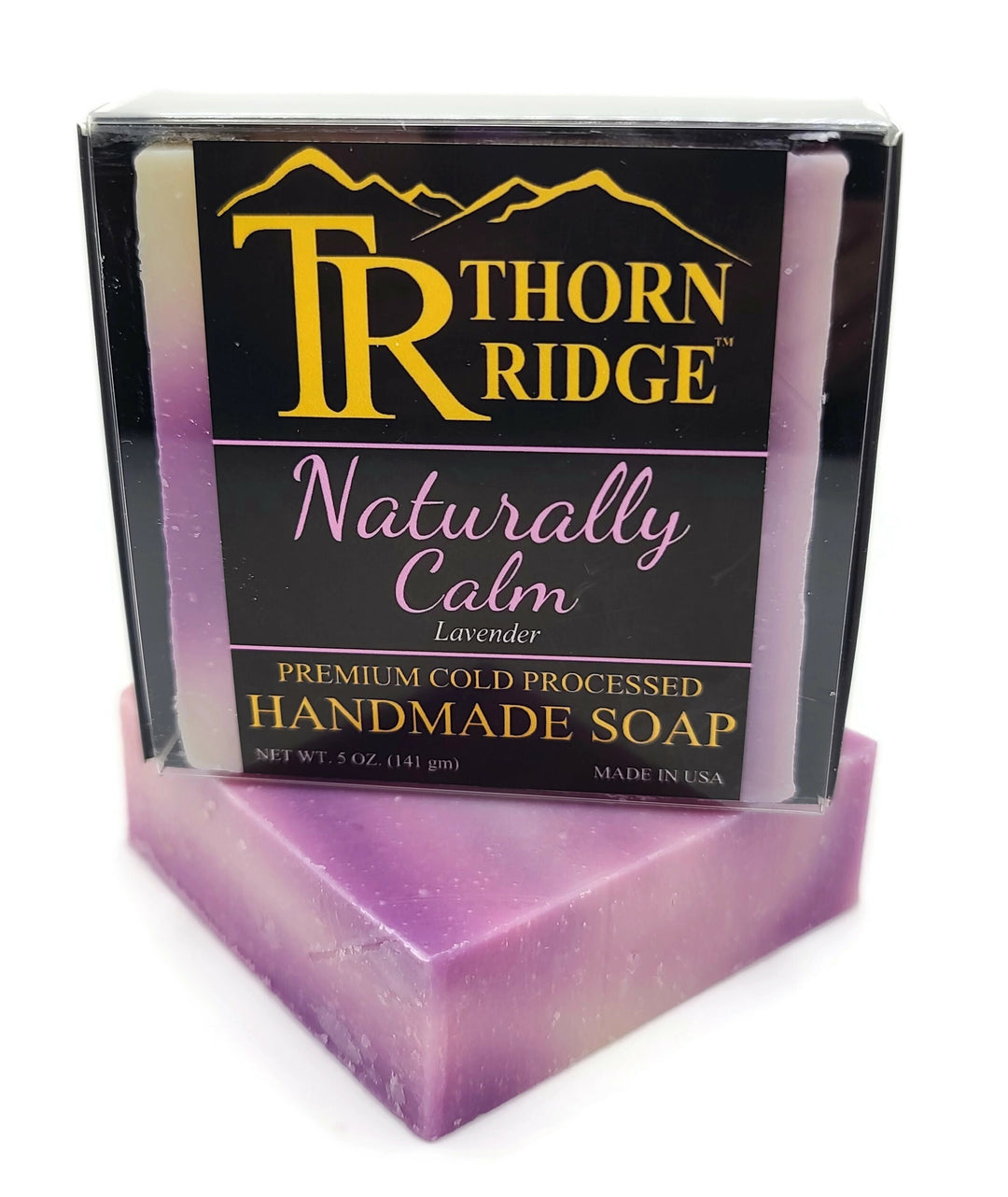 Packaging of Thorn Ridge soap labeled "Naturally Calm," described as lavender, premium cold processed, handmade, 5 oz. Made in USA.