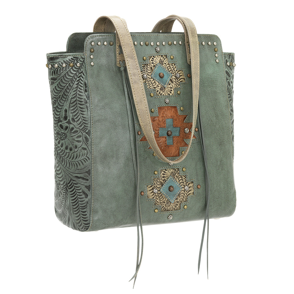 Navajo Soul Zip Top Tote Marine Turquoise leather handbag angle front view