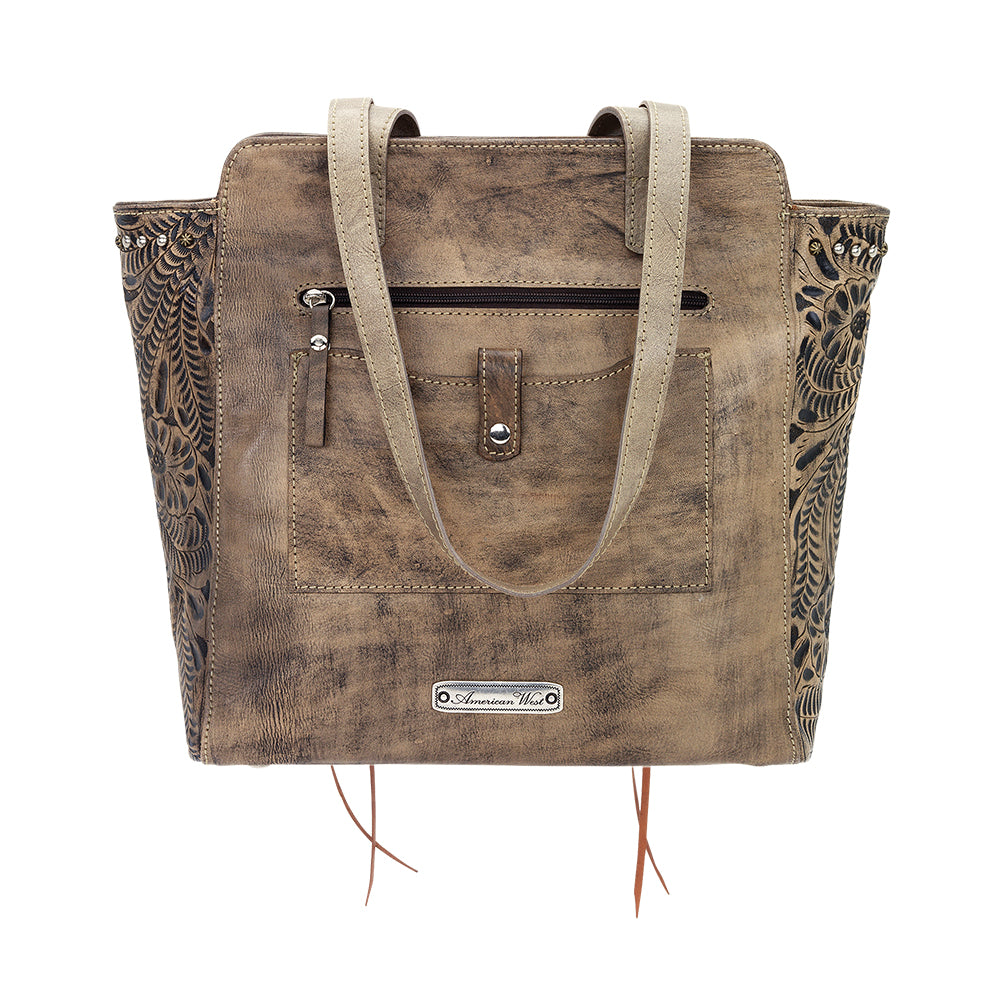 Navajo Soul Zip Top Tote distressed charcoal leather handbag front view with straps down.