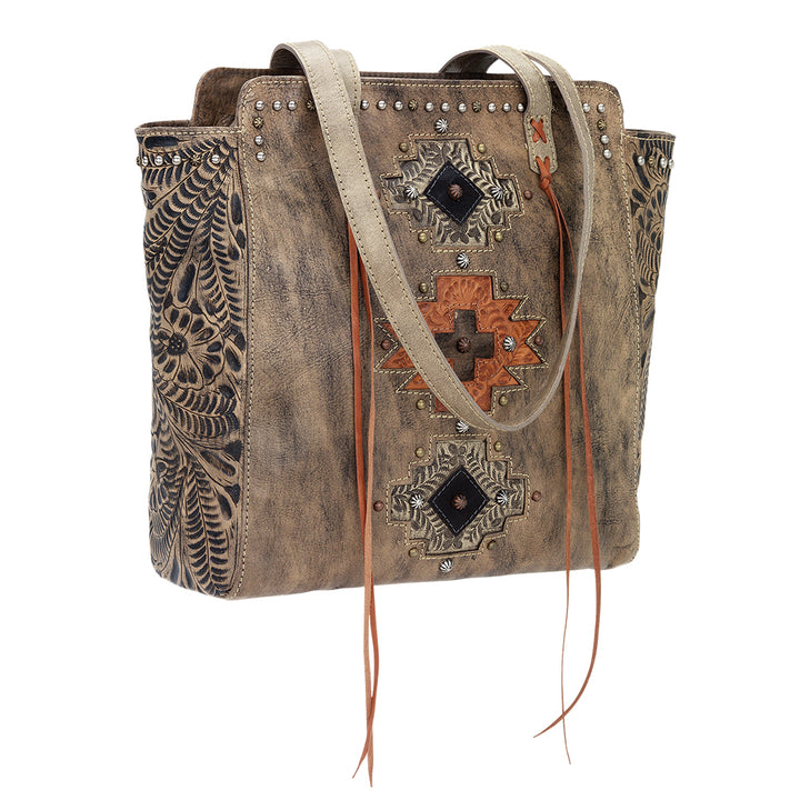 Navajo Soul Zip Top Tote distressed charcoal leather handbag front angled view with straps down.