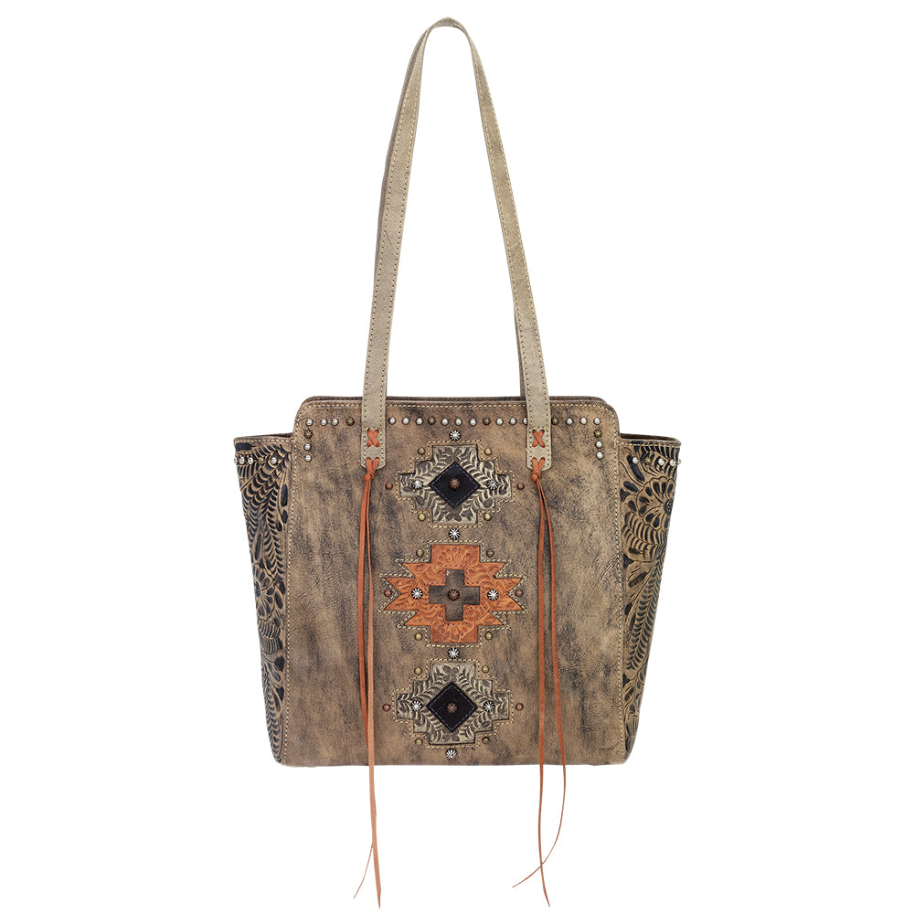 Navajo Soul Zip Top Tote distressed charcoal leather handbag front view with straps down.