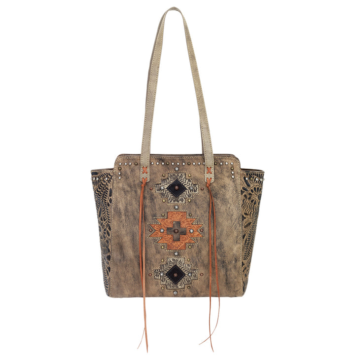 Navajo Soul Zip Top Tote distressed charcoal leather handbag front view with straps down.