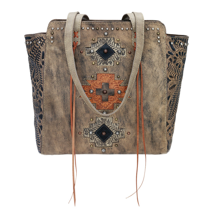 Navajo Soul Zip Top Tote distressed charcoal leather handbag front view with straps down.