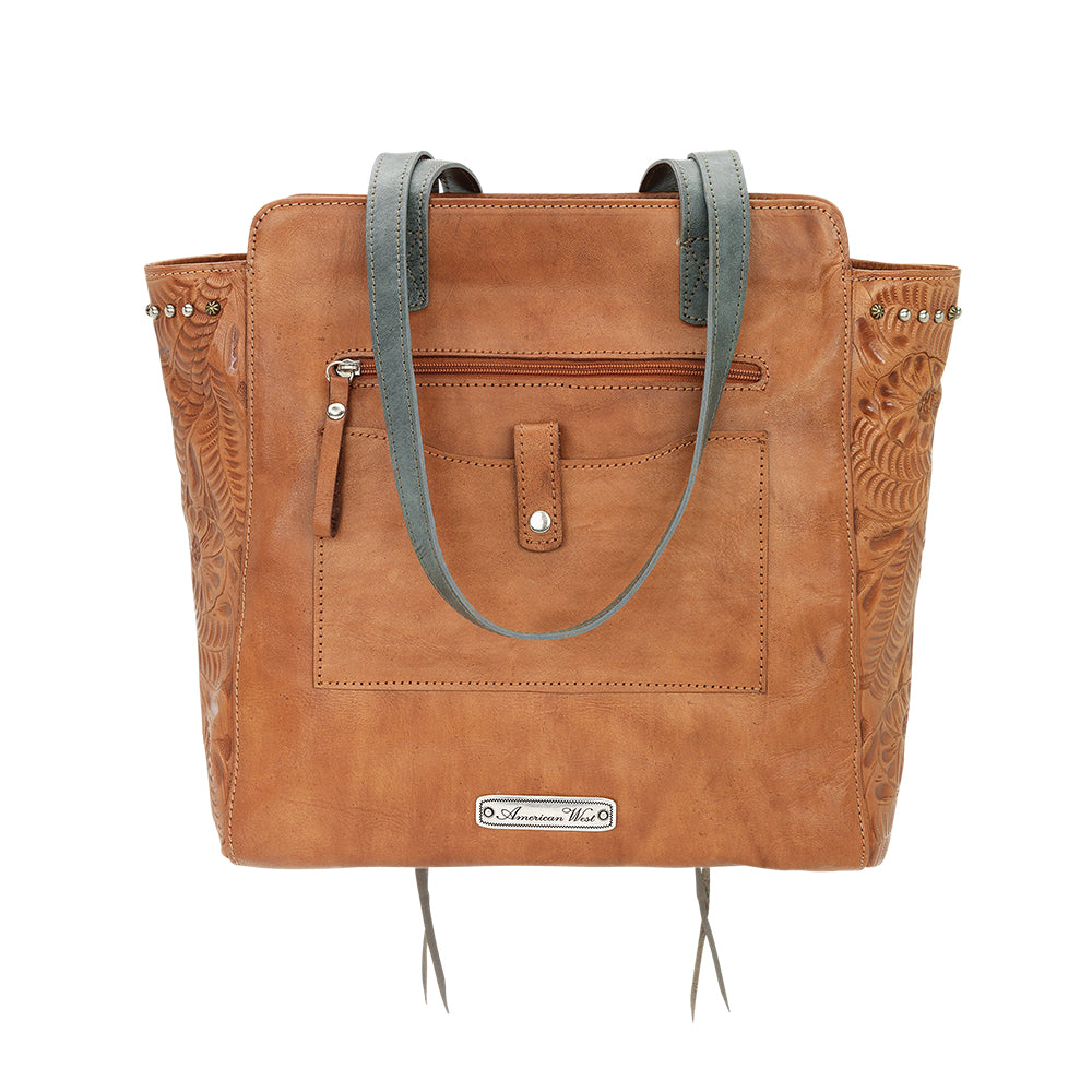 Navajo Soul Zip Top Tote natural tan leather handbag back view with straps down.