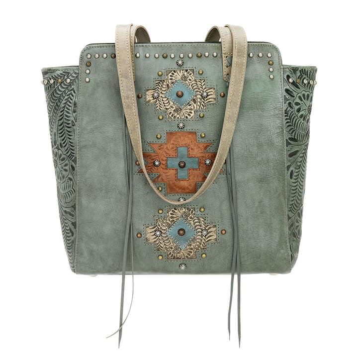 Navajo Soul Zip Top Tote Marine Turquoise leather handbag front view