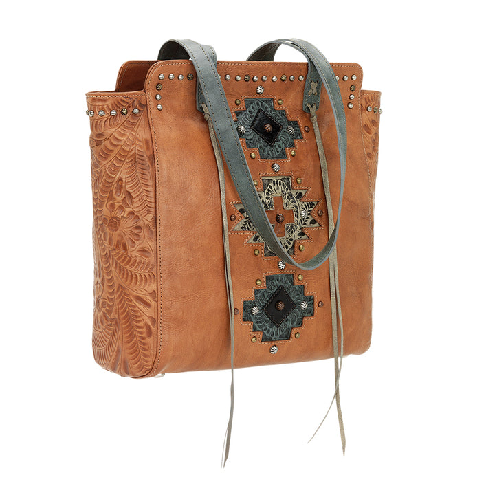 Navajo Soul Zip Top Tote natural tan leather handbag front angled view with straps down.