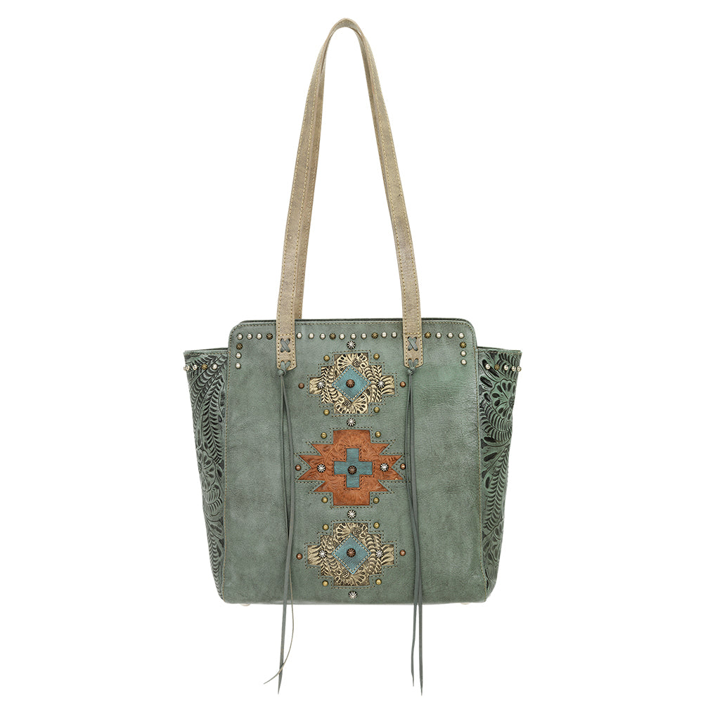 Navajo Soul Zip Top Tote Marine Turquoise leather handbag front view showing straps