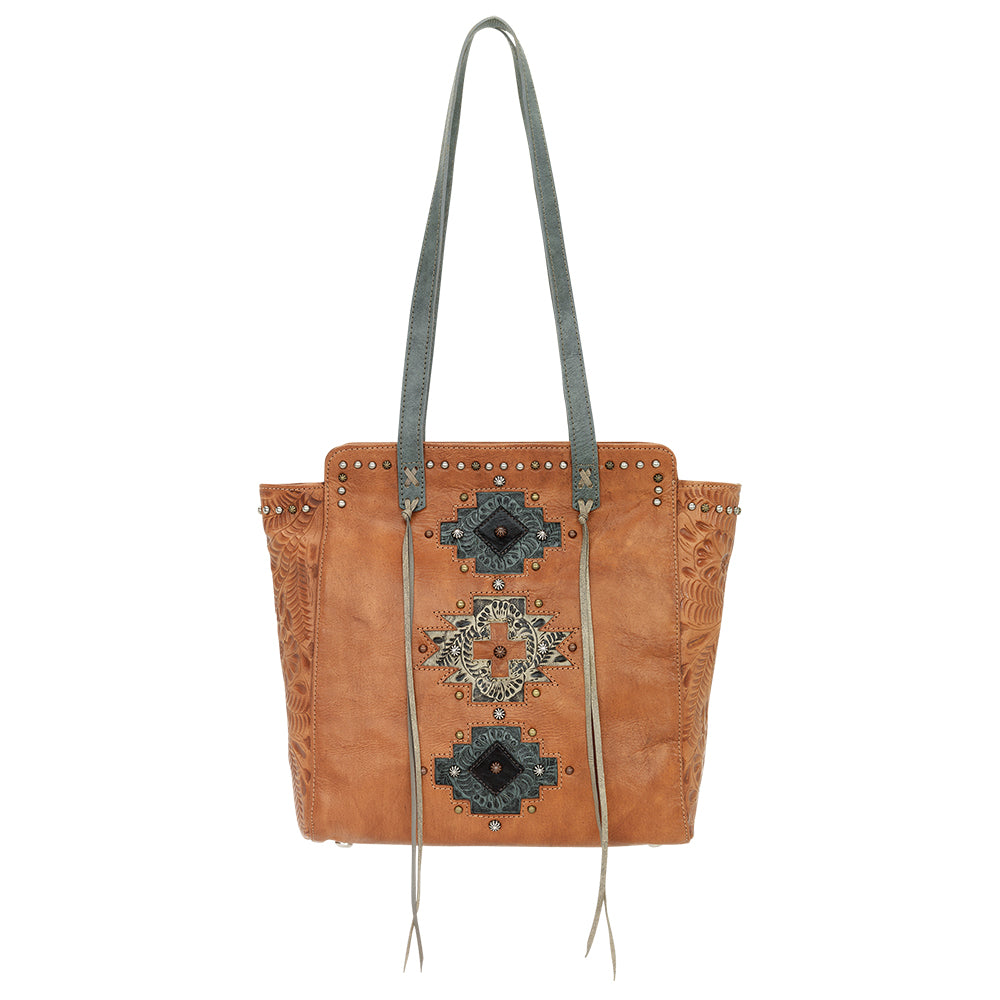 Navajo Soul Zip Top Tote natural tan leather handbag front view with straps up.