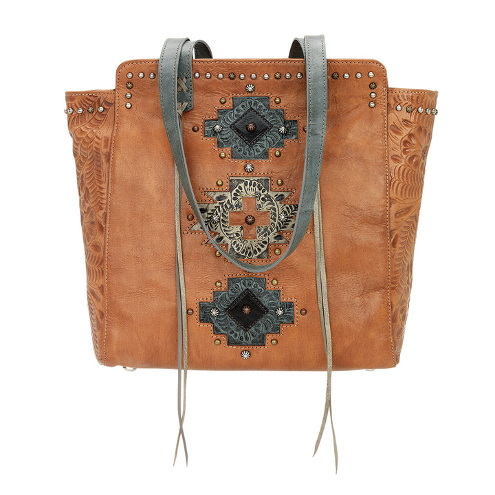 Navajo Soul Zip Top Tote natural tan leather handbag front view with straps down.