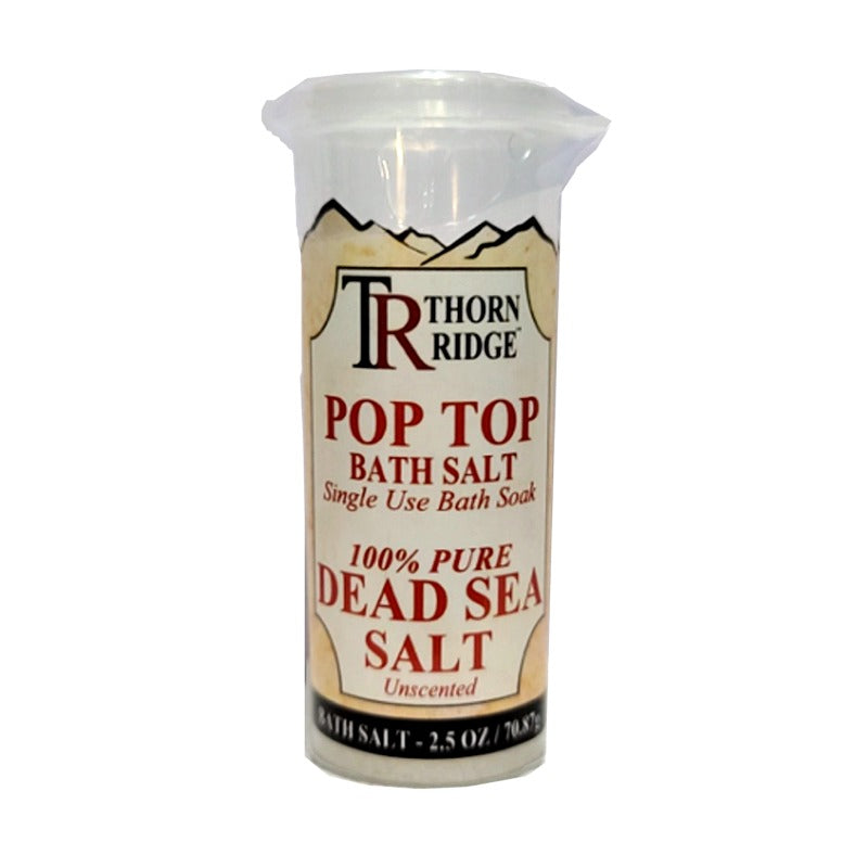 Packaging of Thorn Ridge single use bath tea bag soaks labeled "Pop Top Bath Salt," described as 100% pure dead sea salt. 2.5 oz.