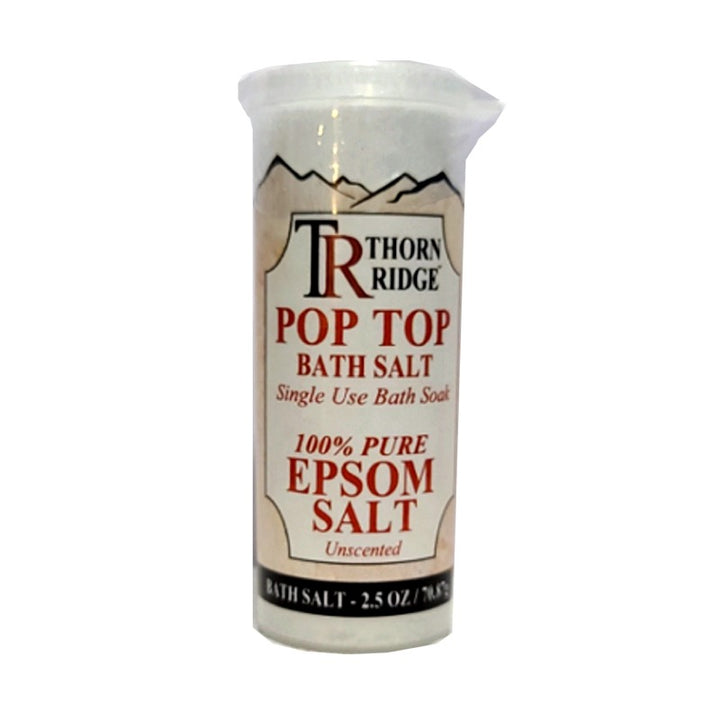 Packaging of Thorn Ridge single use bath tea bag soaks labeled "Pop Top Bath Salt," described as 100% pure epsom salt. 2.5 oz.