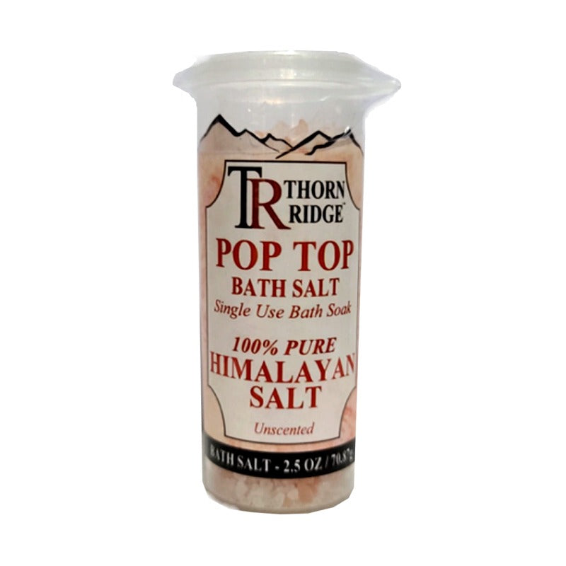 Packaging of Thorn Ridge single use bath tea bag soaks labeled "Pop Top Bath Salt," described as 100% pure himalayan salt. 2.5 oz.