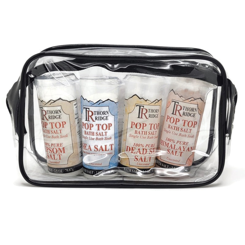 Thorn Ridge variety pack giit set of Pop Top Single Use Bath Salts in a travel bag. Contains four containers with a pop top of epsom salt, sea salt, dead sea salt, and himalyan salt.