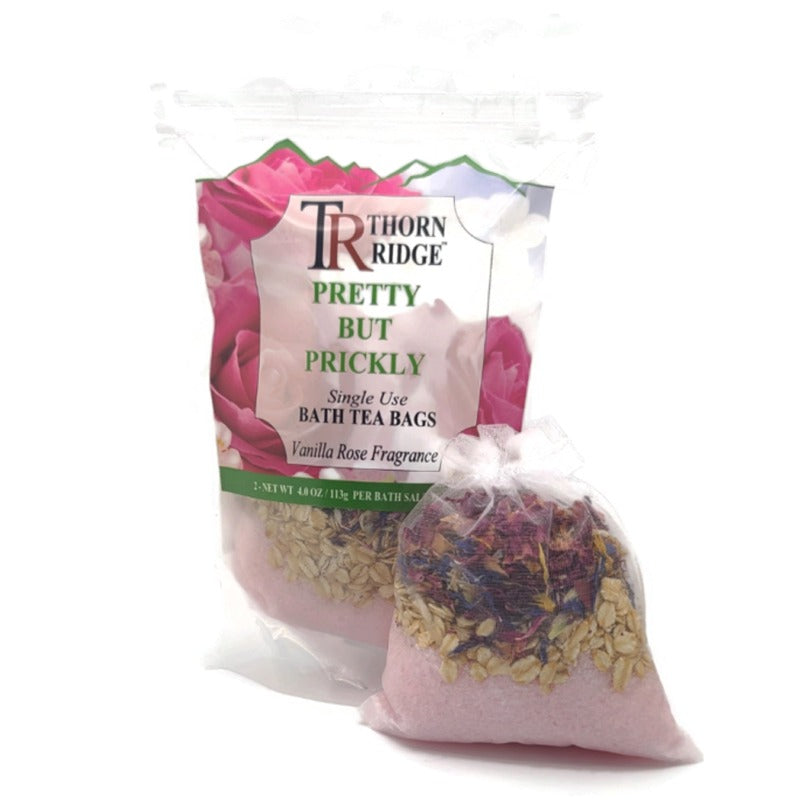 A bag of Thorn Ridge single use bath tea bag soaks labeled "Pretty But Prickly," described as a vanilla rose fragrance. 4.8 oz. 2 pack.