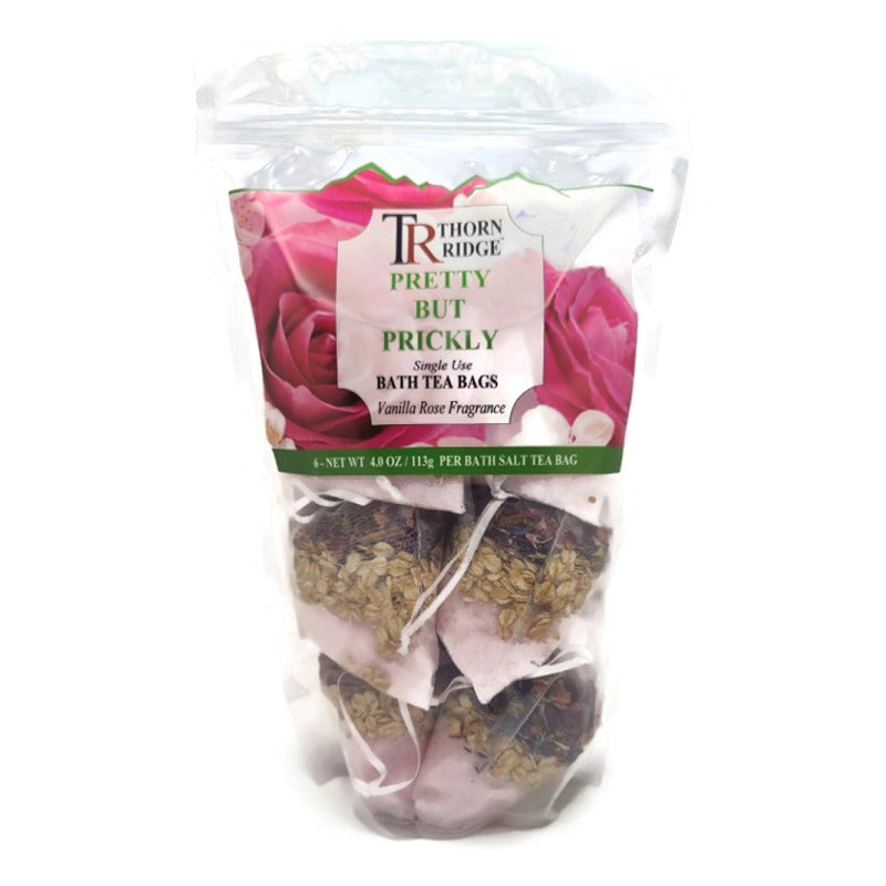 A bag of Thorn Ridge single use bath tea bag soaks labeled "Pretty But Prickly," described as vanilla rose fragrance. 4.0 oz per bath tea. 6 pack. 24 oz total.