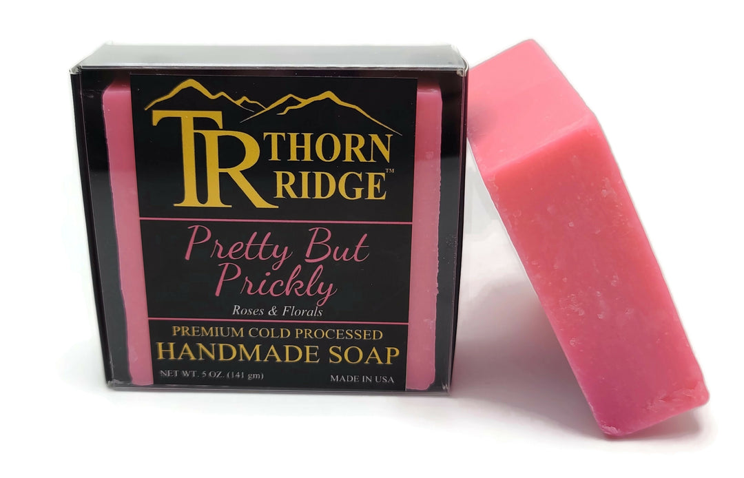 Packaging of Thorn Ridge soap labeled "Pretty But Prickly," described as roses and florals, premium cold processed, handmade, 5 oz. Made in USA.