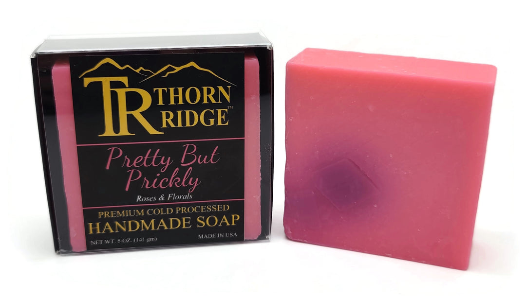 Packaging of Thorn Ridge soap labeled "Pretty But Prickly," described as roses and florals, premium cold processed, handmade, 5 oz. Made in USA.