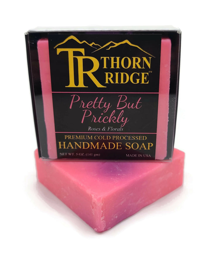 Packaging of Thorn Ridge soap labeled "Pretty But Prickly," described as roses and florals, premium cold processed, handmade, 5 oz. Made in USA.