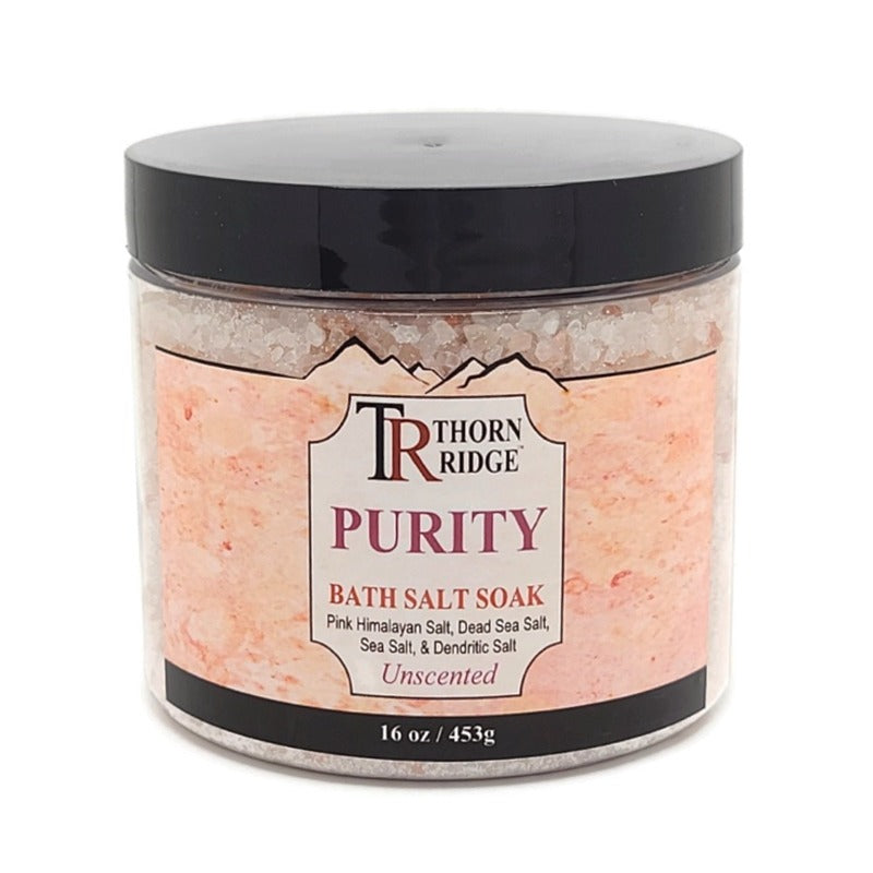 A jar of Thorn Ridge foot soak labeled "Purity," described as an unscented multi-salt foot soak. 16 oz.