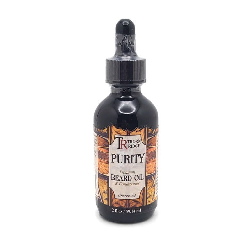 A bottle of Thorn Ridge beard oil labeled "Purity," described as a premium beard oil and conditioner that is unscented. 2 fl oz.