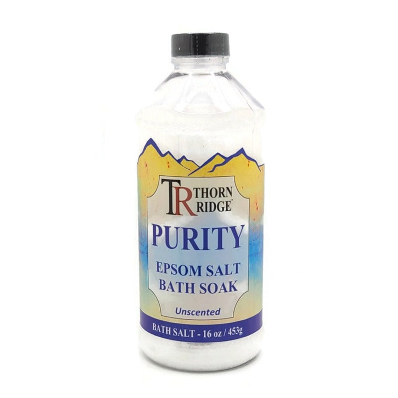 A bottle of Thorn Ridge foot soak labeled "Purity," described as an unscented epsom salt bath soak. 16 oz.