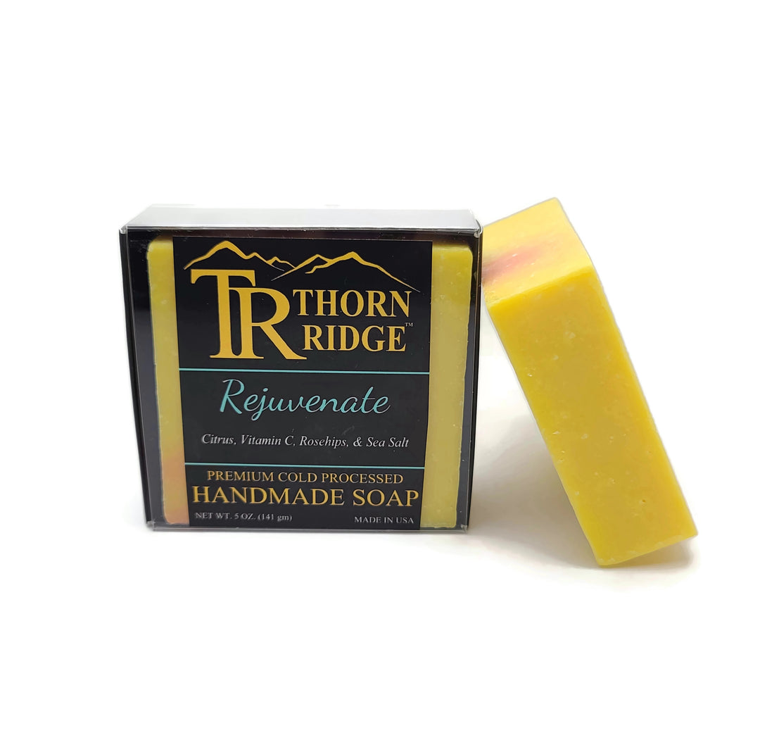 Packaging of Thorn Ridge soap labeled "Rejuvenate," described as citrus, vitamin C, rosehips, sea salt, premium cold processed, handmade, 5 oz. Made in USA.