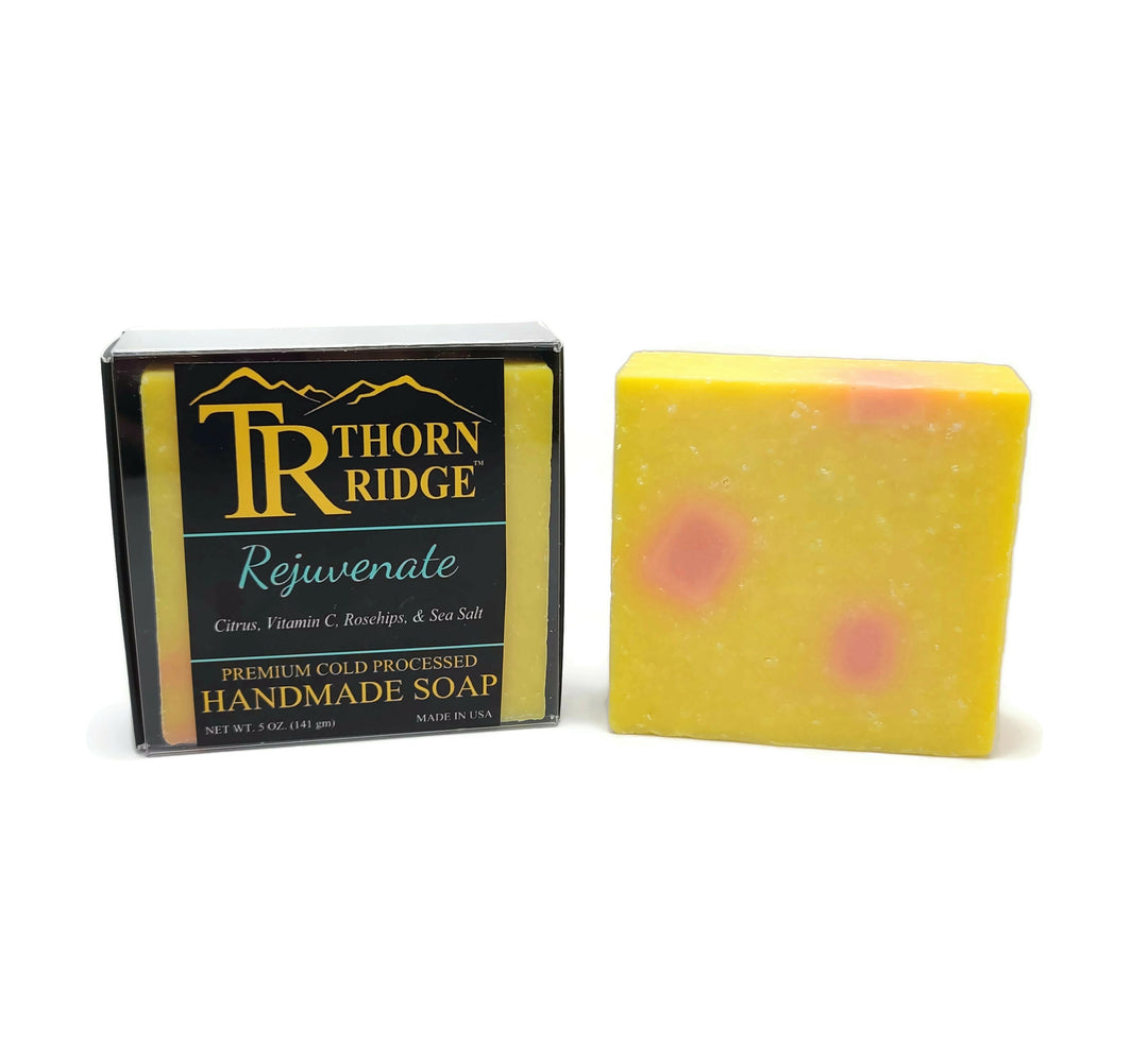 Packaging of Thorn Ridge soap labeled "Rejuvenate," described as citrus, vitamin C, rosehips, sea salt, premium cold processed, handmade, 5 oz. Made in USA.