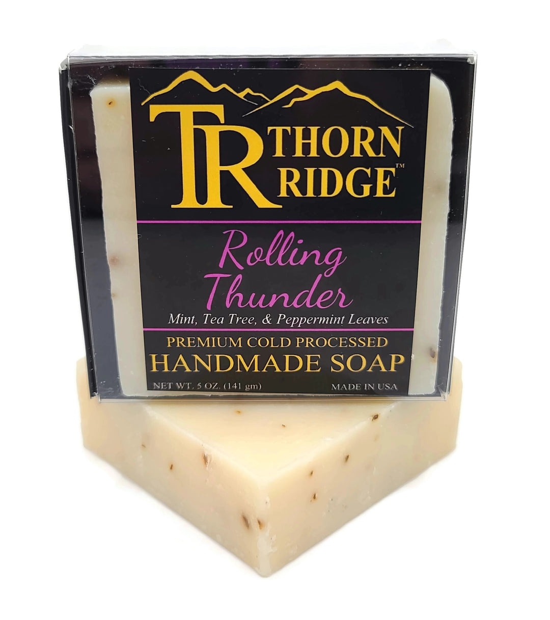 Packaging of Thorn Ridge soap labeled "Rolling Thunder," described as mint, tea tree, and peppermint leaves, premium cold processed, handmade, 5 oz. Made in USA.