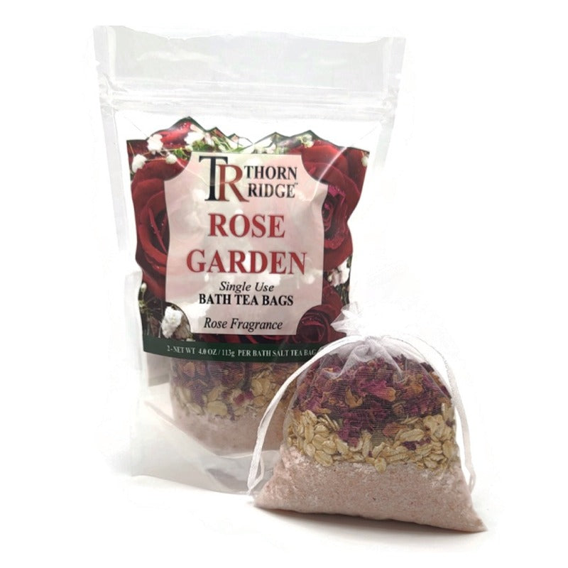 A bag of Thorn Ridge single use bath tea bag soaks labeled "Rose Garden," described as a rose fragrance. 4.0 oz per bath tea. 2 pack. 8 oz total.