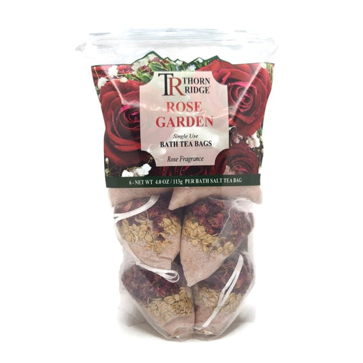 A bag of Thorn Ridge single use bath tea bag soaks labeled "Rose Garden," described as a rose fragrance. 4.0 oz per bath tea. 6 pack. 24 oz total.