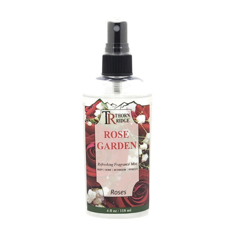 A bottle of Thorn Ridge fragrance mist labeled "Rose Garden," described as a rose scent for body, home, bathroom, and vehicles. 4 fl oz.