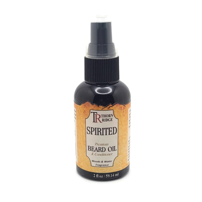 A bottle of Thorn Ridge beard oil labeled "Spirited," described as a premium beard oil and conditioner with a woods and water fragrance. 2 fl oz.