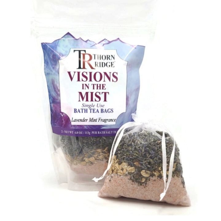 A bag of Thorn Ridge single use bath tea bag soaks labeled "Visions In The Mist," described as a lavender mint fragrance. 4.0 oz per bath tea. 2 pack. 8 oz total.