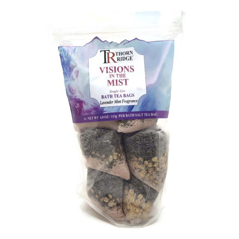 A bag of Thorn Ridge single use bath tea bag soaks labeled "Visions In The Mist," described as a lavender mint fragrance. 4.0 oz per bath tea. 6 pack. 24 oz total.